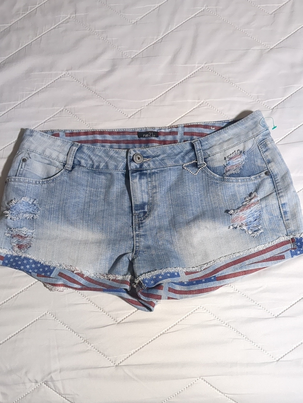 Rue21 Light Wash Distressed Denim Shorts with Red and Blue Flag Trim
